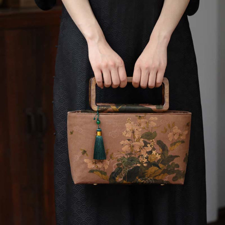 Buddha Stones Vintage Marrone Fiori Foglie di bambù verde Manici in legno Borsa a mano con cerniera