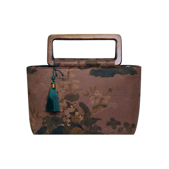 Buddha Stones Vintage Marrone Fiori Foglie di bambù verde Manici in legno Borsa a mano con cerniera
