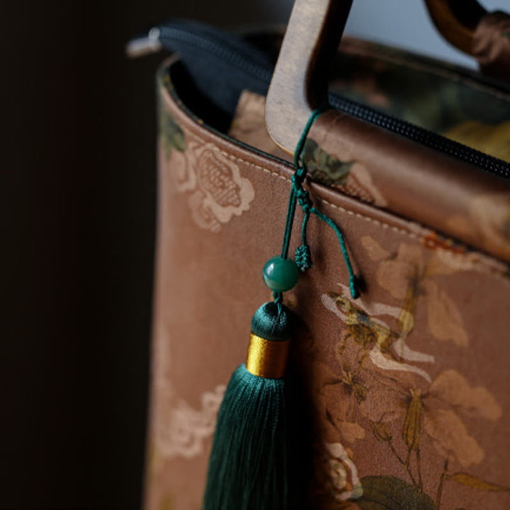 Buddha Stones Vintage Marrone Fiori Foglie di bambù verde Manici in legno Borsa a mano con cerniera