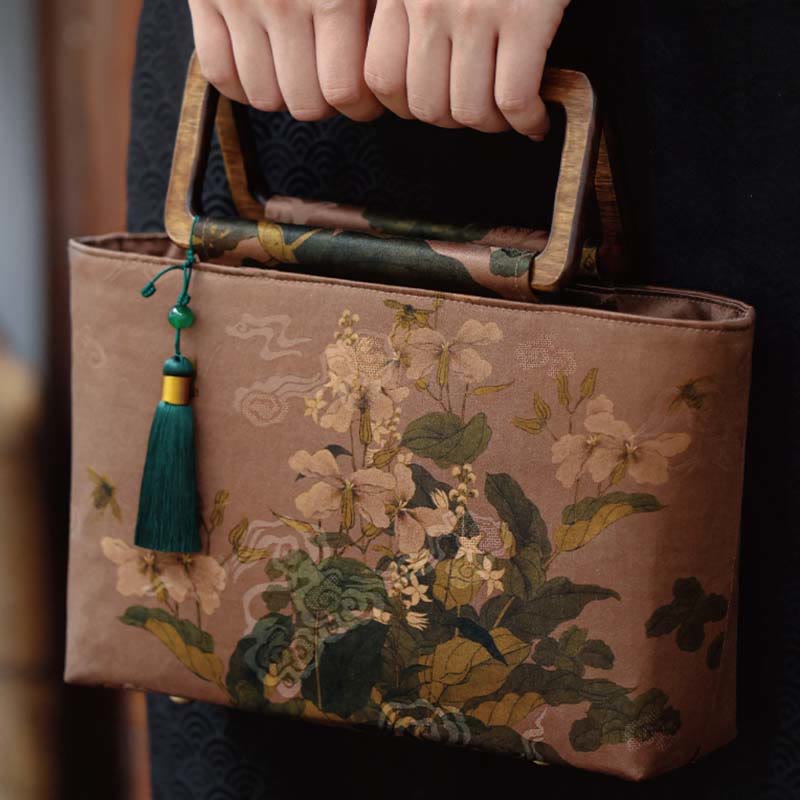Buddha Stones Vintage Marrone Fiori Foglie di bambù verde Manici in legno Borsa a mano con cerniera