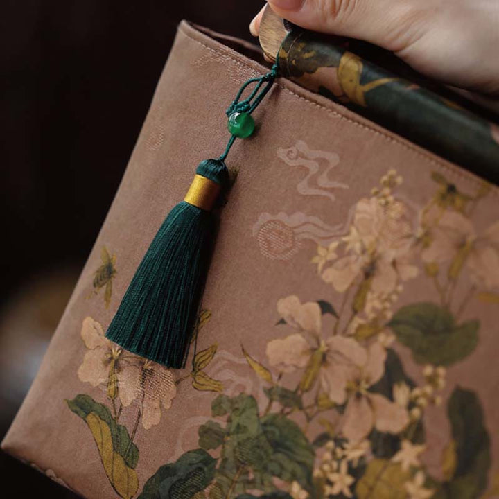 Buddha Stones Vintage Marrone Fiori Foglie di bambù verde Manici in legno Borsa a mano con cerniera