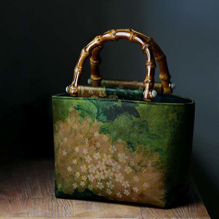 Buddha Stones Rami di uccello giallo Fiore di peonia verde Manici di bambù Borsa
