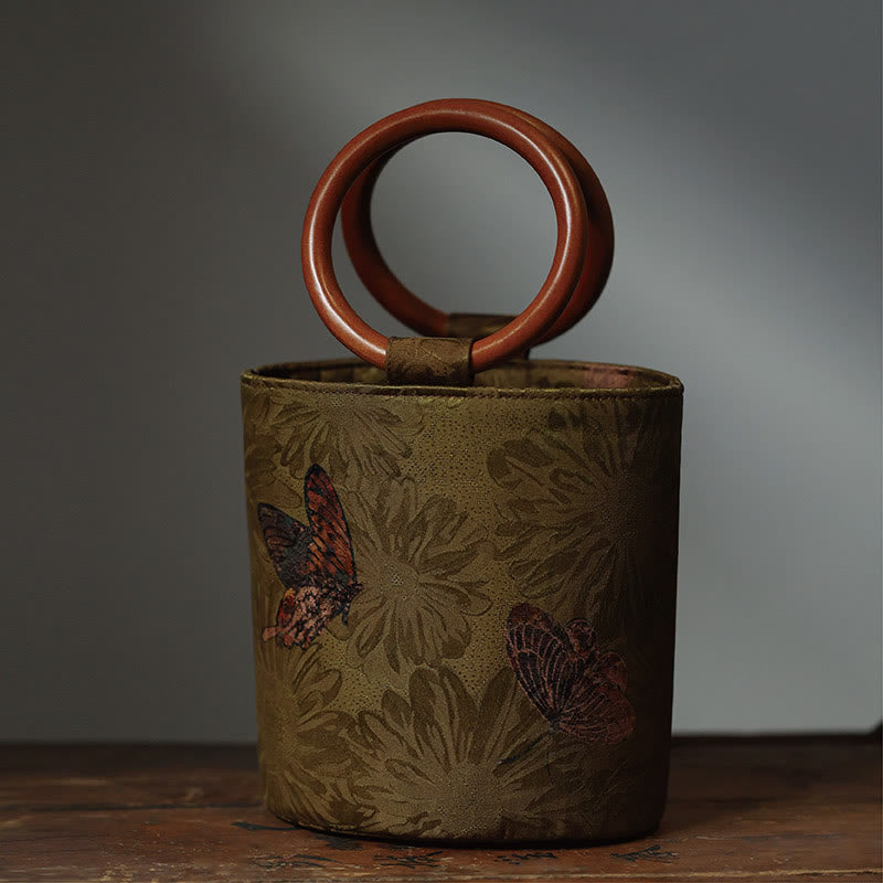 Buddha Stones Foglia di bambù Farfalla Fiore di ciliegio Cachi Manico in legno Borsa a mano