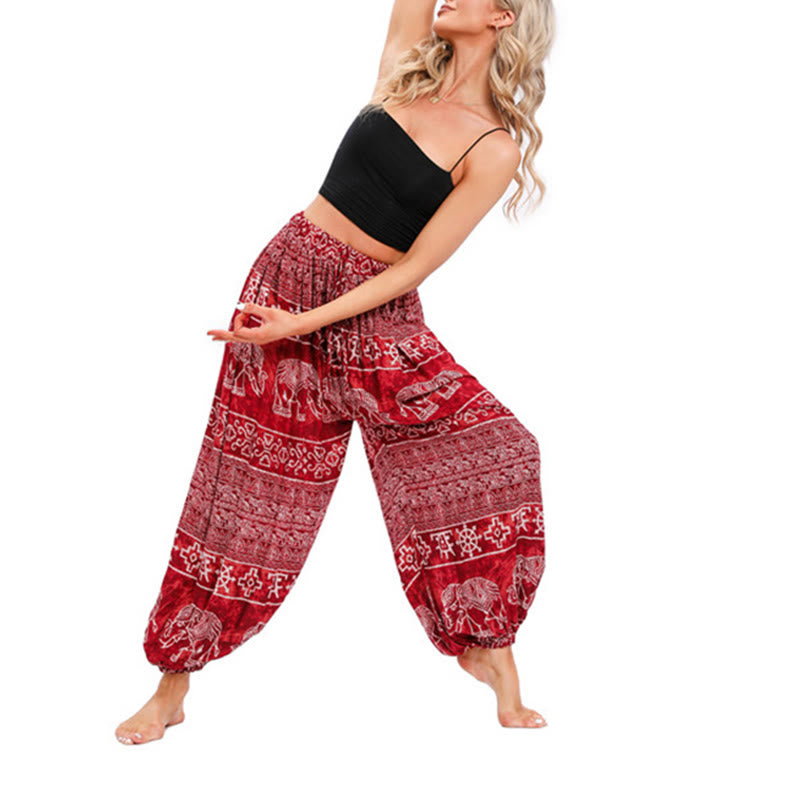 Pantaloni harem casual da donna con motivo geometrico a elefante Buddha Stones, ideali per lo yoga. - Rosso - US4-8/10, UK/AU8-12/14, EU36-40/42 (F) - image 2