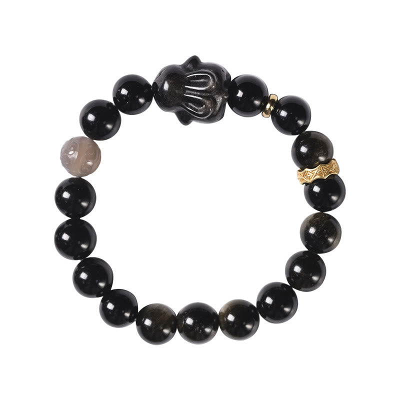 Braccialetto di protezione con coniglio carino , Buddha Stones, ossidiana lucida dorata, ossidiana nera, ossidiana lucida argentata