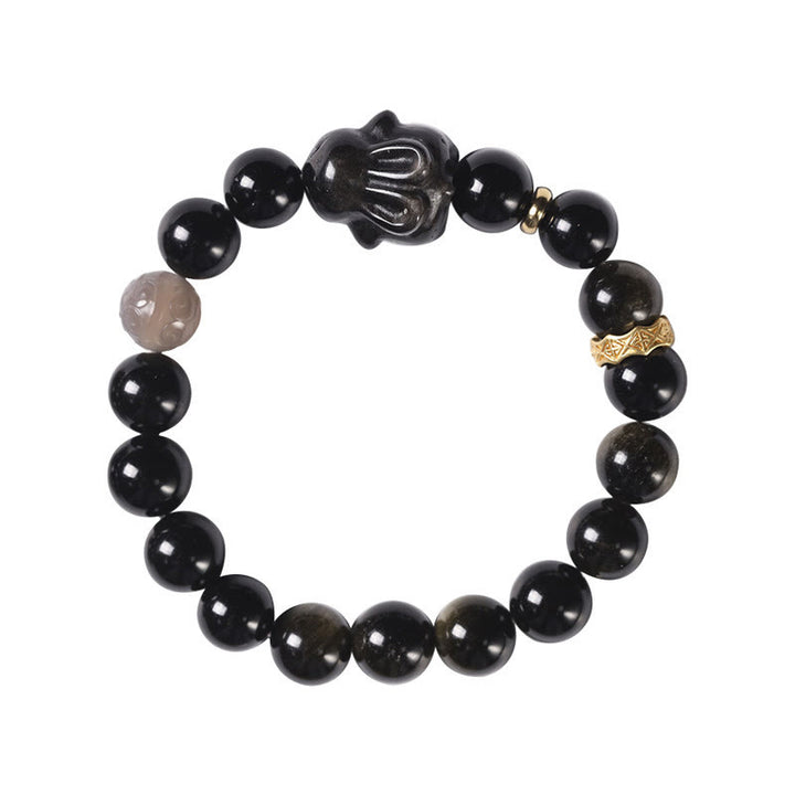 Braccialetto di protezione con coniglio carino , Buddha Stones, ossidiana lucida dorata, ossidiana nera, ossidiana lucida argentata