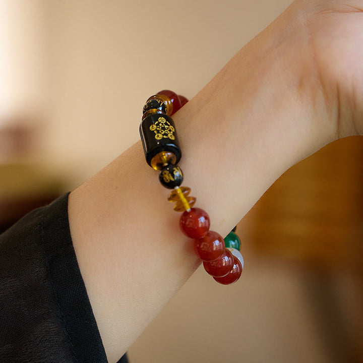 Bracciale Buddha Stones Five Elements Onice Nero Agata Rossa Saggezza Ricchezza