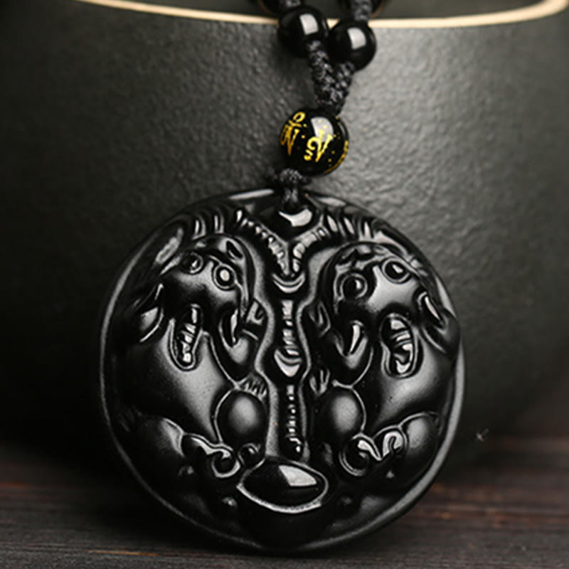 Collana con ciondolo di purificazione in corda con perline di Pixiu in ossidiana nera Buddha Stones