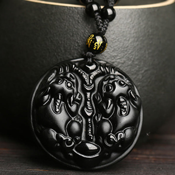 Collana con ciondolo di purificazione in corda con perline di Pixiu in ossidiana nera Buddha Stones