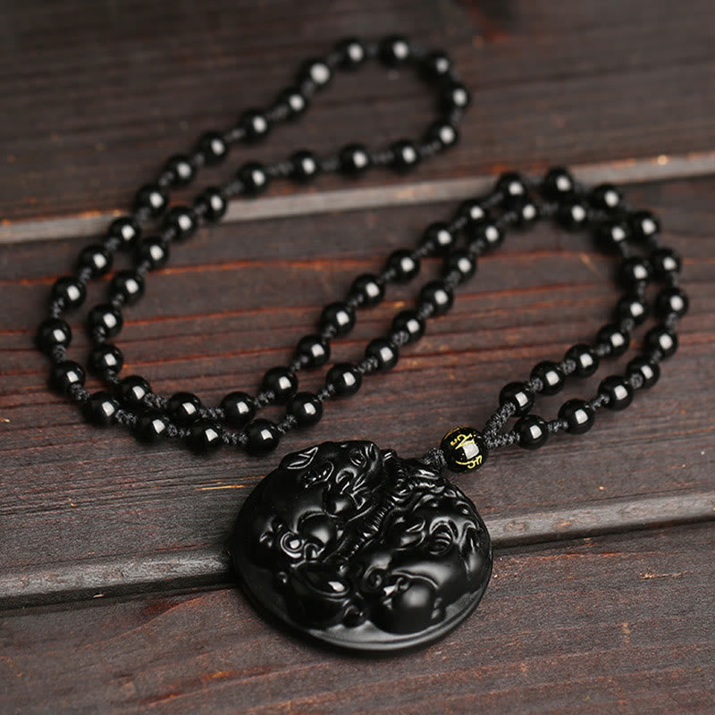 Collana con ciondolo di purificazione in corda con perline di Pixiu in ossidiana nera Buddha Stones