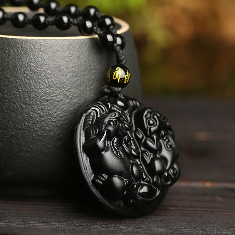 Collana con ciondolo di purificazione in corda con perline di Pixiu in ossidiana nera Buddha Stones