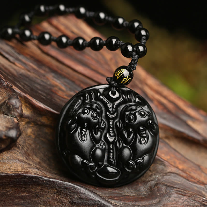 Collana con ciondolo di purificazione in corda con perline di Pixiu in ossidiana nera Buddha Stones