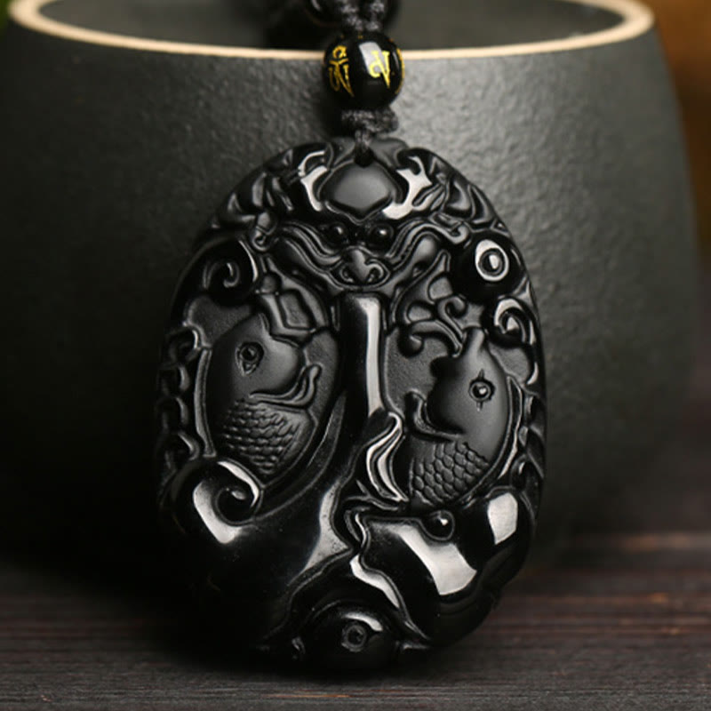 Buddha Stones Ossidiana nera Koi Fish Perline Corda Soddisfazione Forza Collana Pendente