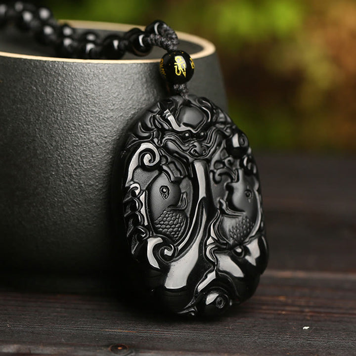 Buddha Stones Ossidiana nera Koi Fish Perline Corda Soddisfazione Forza Collana Pendente