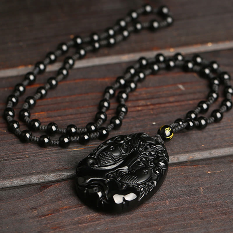 Buddha Stones Ossidiana nera Koi Fish Perline Corda Soddisfazione Forza Collana Pendente