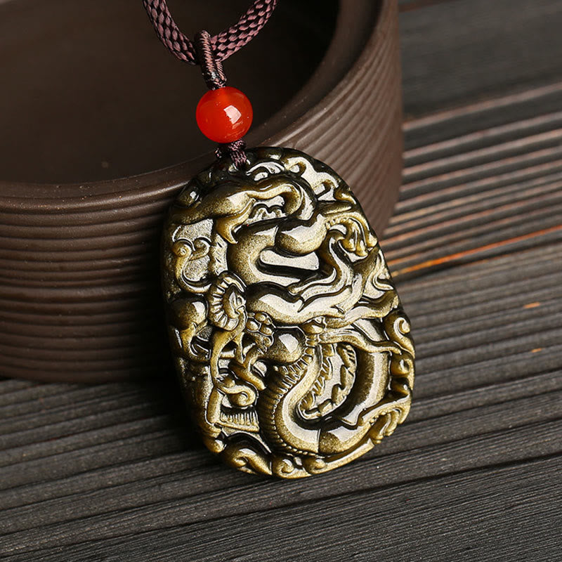 Collana con ciondolo a forma di drago in ossidiana con Buddha Stones motivo a drago - image 2