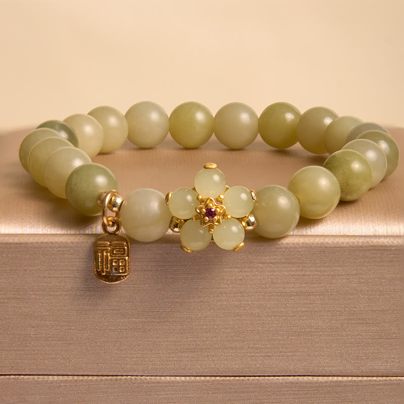 Braccialetto portafortuna con ciondolo a forma di carattere Fu con fiore di giada verde Buddha Stones - image 2