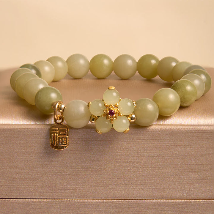 Braccialetto portafortuna con ciondolo a forma di carattere Fu con fiore di giada verde Buddha Stones - image 2