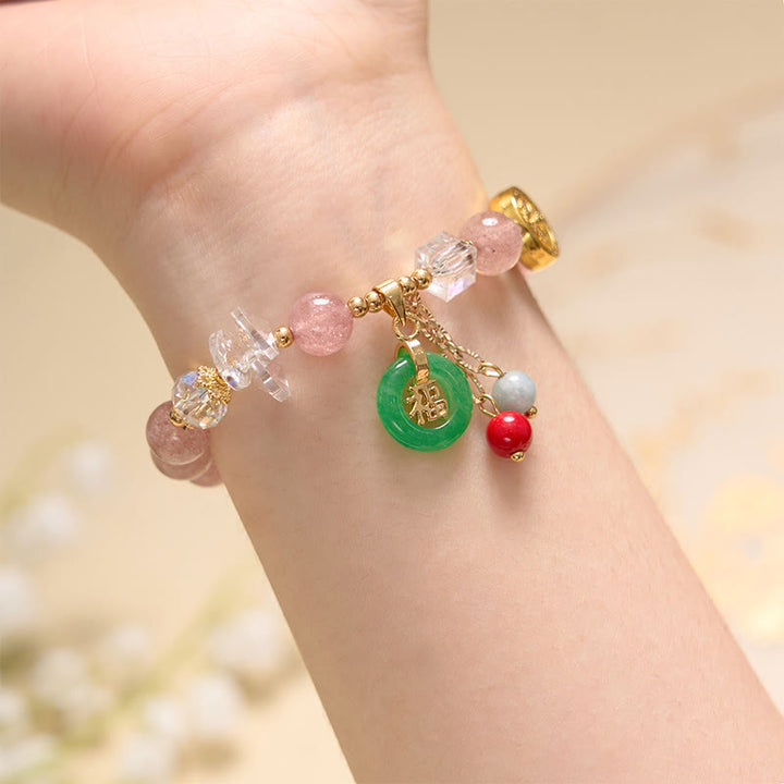 Braccialetto di guarigione con ciondolo a forma di carattere Fu in quarzo fragola e giada Buddha Stones