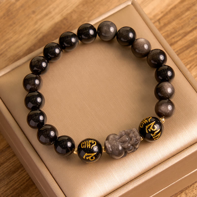 Buddha Stones Argento Naturale Ossidiana Lucente Ossidiana Nera Om Mani Padme Hum Pixiu Braccialetto di Protezione