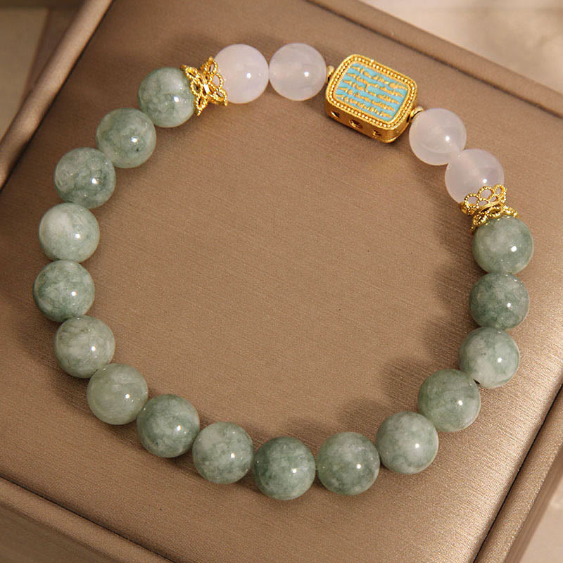 Braccialetto Buddha Stones Natural Green Jade White Agate Five Scriptures Abbondanza
