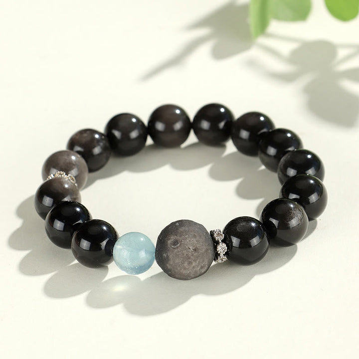 Braccialetto di protezione del pianeta con testa di gatto, volpe, ossidiana naturale e Buddha Stones in argento - Pianeta in ossidiana argentata (circonferenza del polso 14-16,5 cm) - image 8