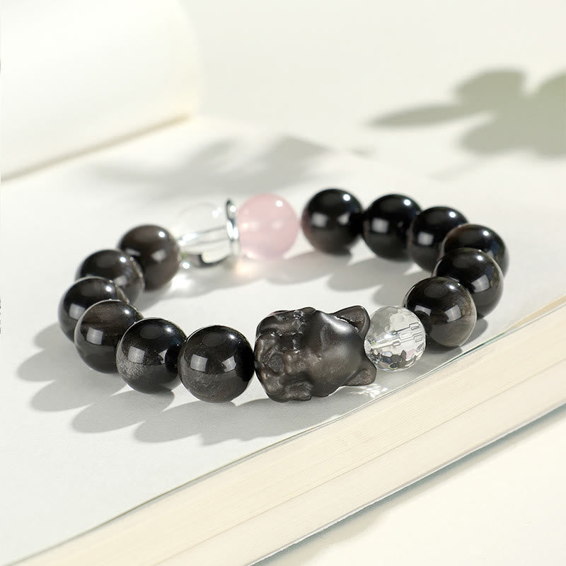 Braccialetto di protezione del pianeta con testa di gatto, volpe, ossidiana naturale e Buddha Stones in argento - image 7