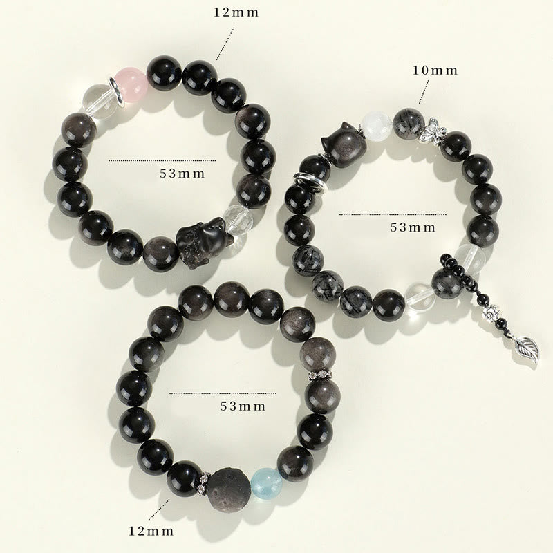 Braccialetto di protezione del pianeta con testa di gatto, volpe, ossidiana naturale e Buddha Stones in argento - image 14
