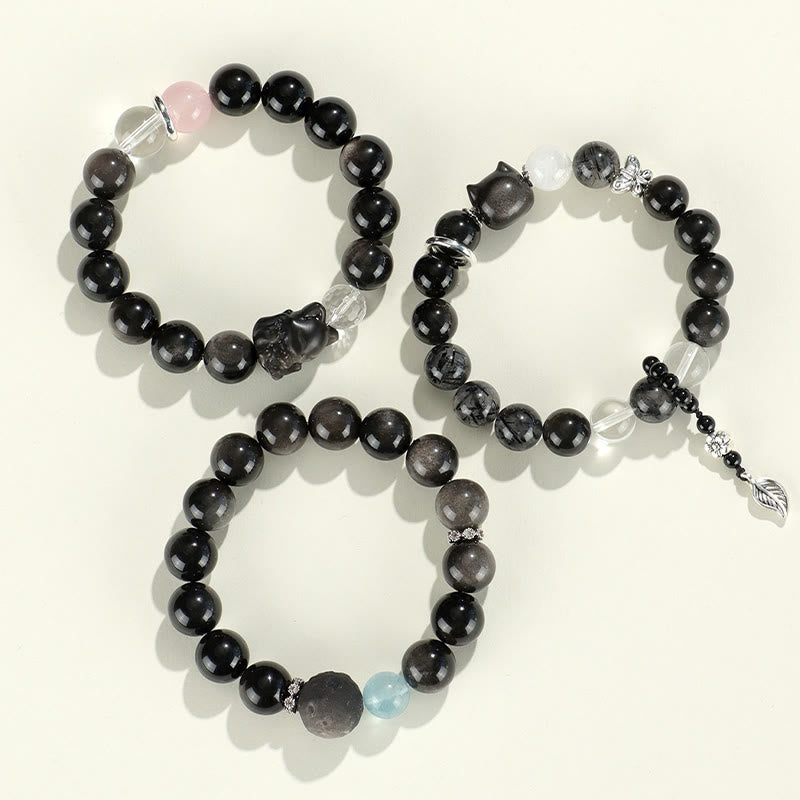 Braccialetto di protezione del pianeta con testa di gatto, volpe, ossidiana naturale e Buddha Stones in argento - image 13