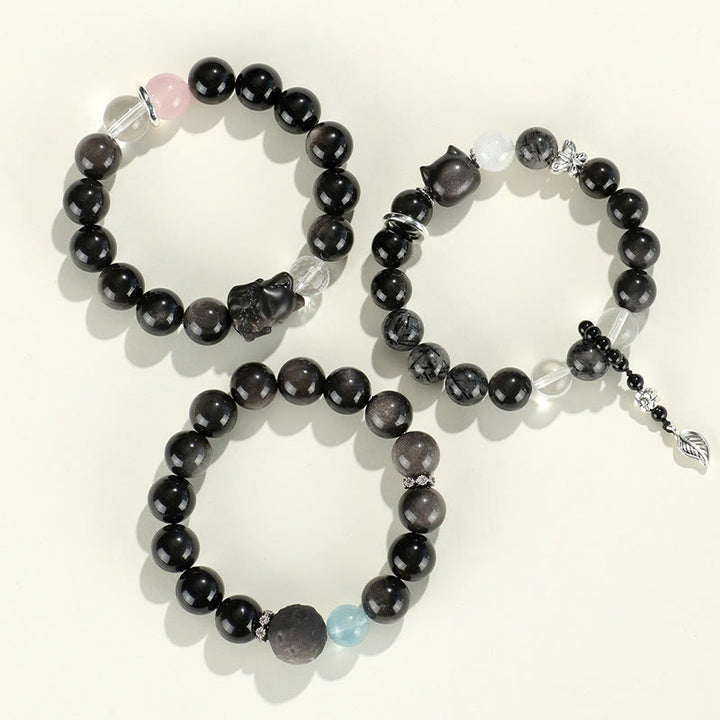 Braccialetto di protezione del pianeta con testa di gatto, volpe, ossidiana naturale e Buddha Stones in argento - image 13