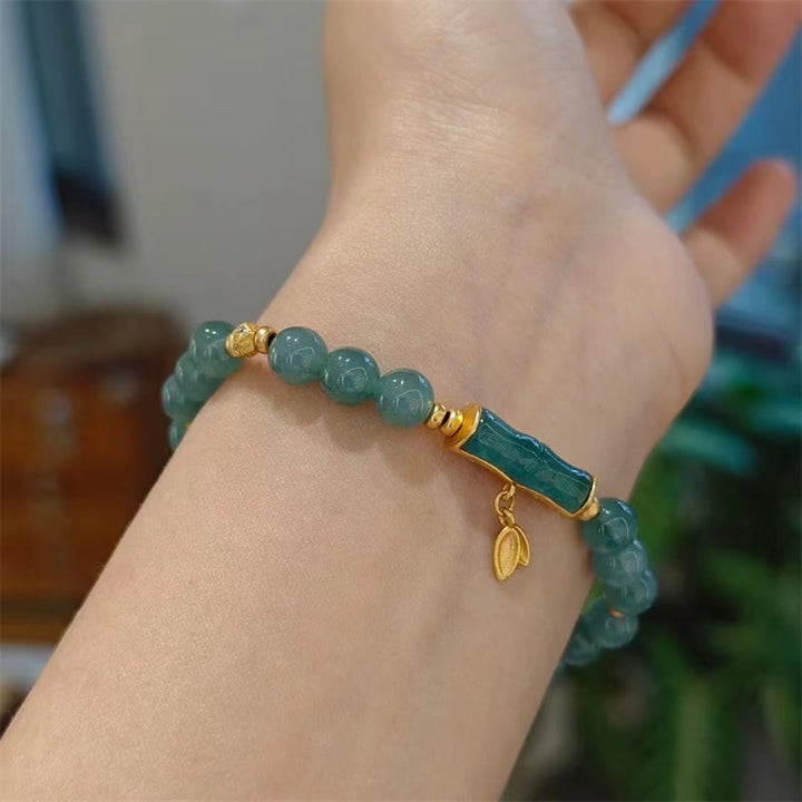 Braccialetto portafortuna con ciondolo in bambù di giada verde naturale placcato oro in argento sterling 925 Buddha Stones