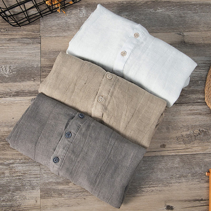 Camicia a maniche lunghe con bottoni a tinta unita in cotone e lino, abbigliamento da uomo Buddha Stones - image 1