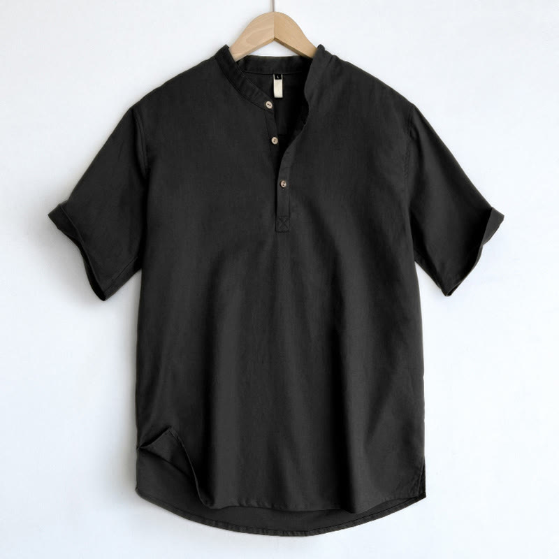 Camicia in lino a maniche corte con bottoni da uomo, tinta unita , Buddha Stones - Nero - US/UK/AU44, EU54 (4XL) - image 20