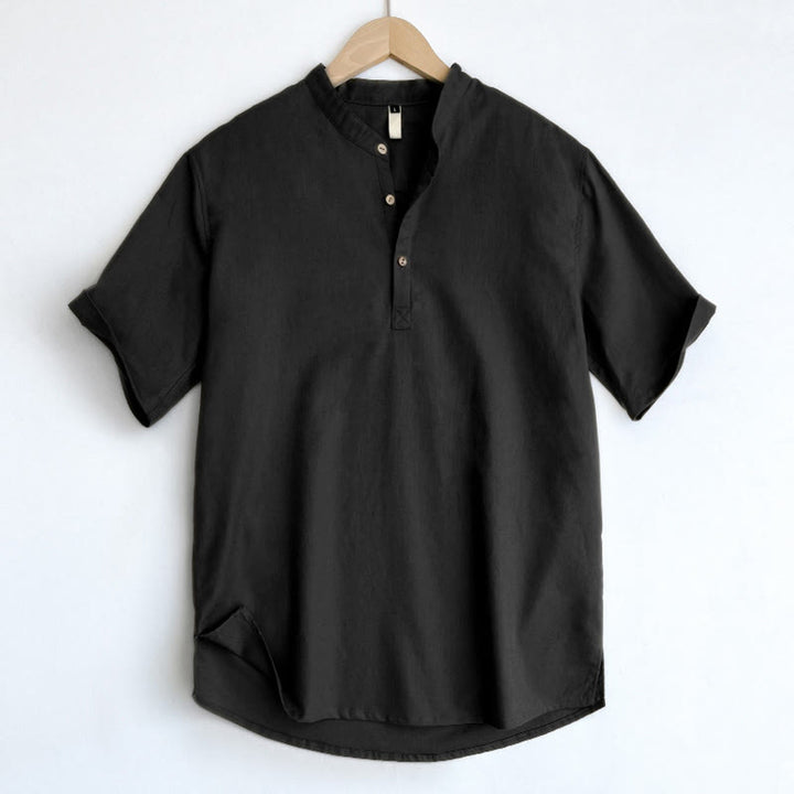 Camicia in lino a maniche corte con bottoni da uomo, tinta unita , Buddha Stones - Nero - US/UK/AU44, EU54 (4XL) - image 20