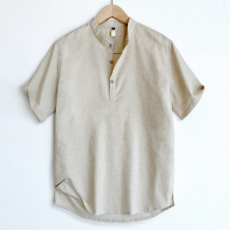 Camicia in lino a maniche corte con bottoni da uomo, tinta unita , Buddha Stones - image 15