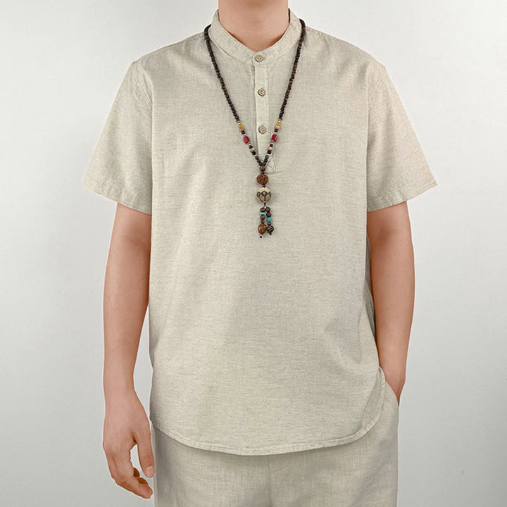 Camicia in lino a maniche corte con bottoni da uomo, tinta unita , Buddha Stones - image 10