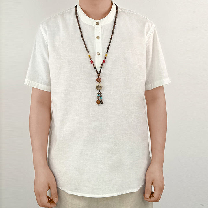 Camicia in lino a maniche corte con bottoni da uomo, tinta unita , Buddha Stones - image 18