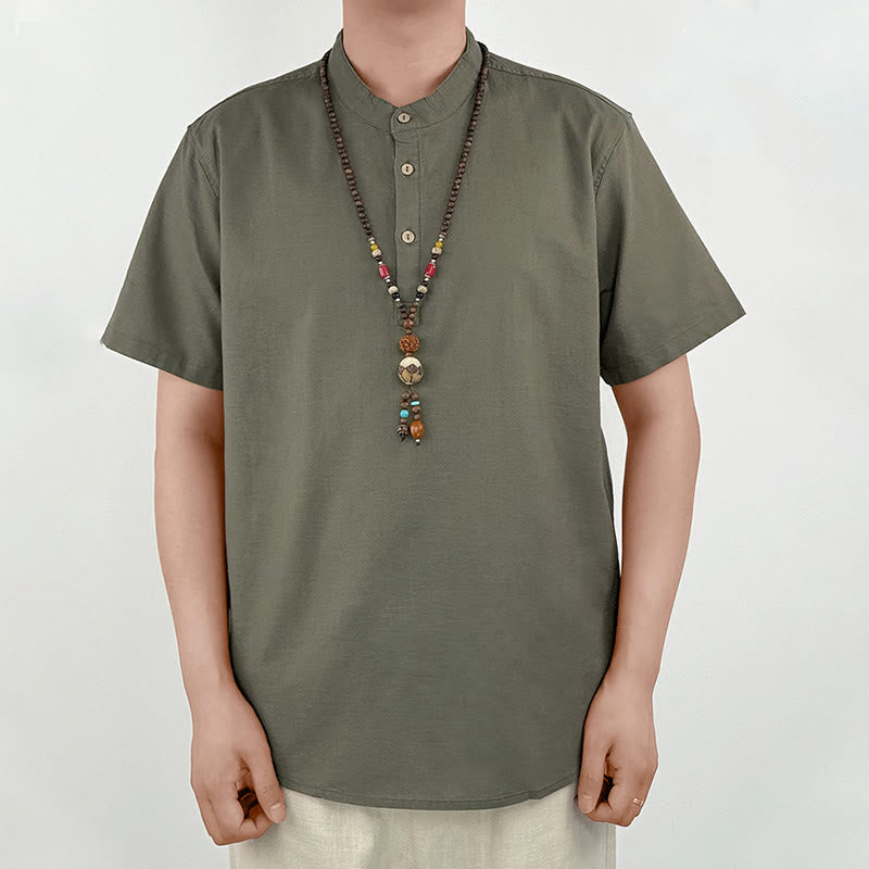 Camicia in lino a maniche corte con bottoni da uomo, tinta unita , Buddha Stones - image 2