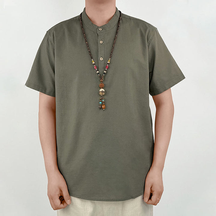 Camicia in lino a maniche corte con bottoni da uomo, tinta unita , Buddha Stones - image 2