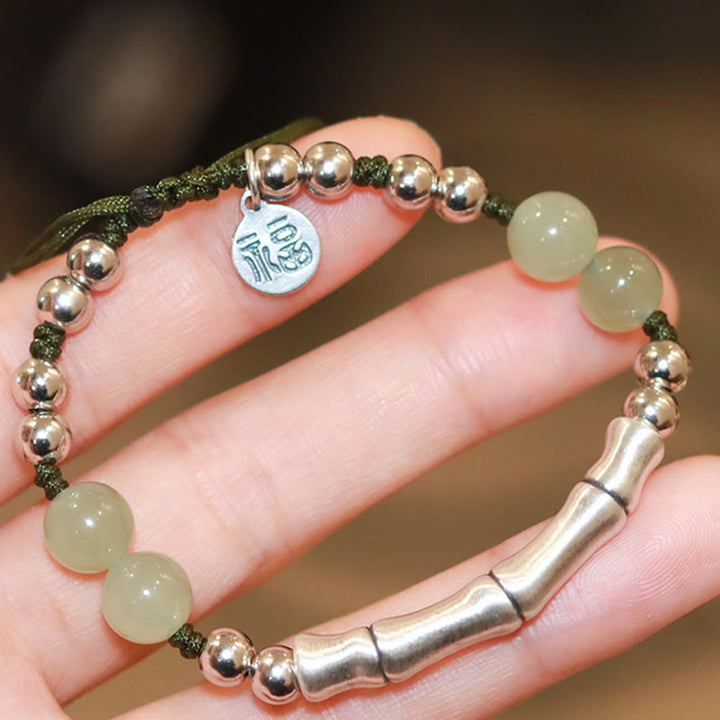 Bracciale Buddha Stones 925 Sterling Silver Jade naturale Fu Character Bamboo Abundance - image 2