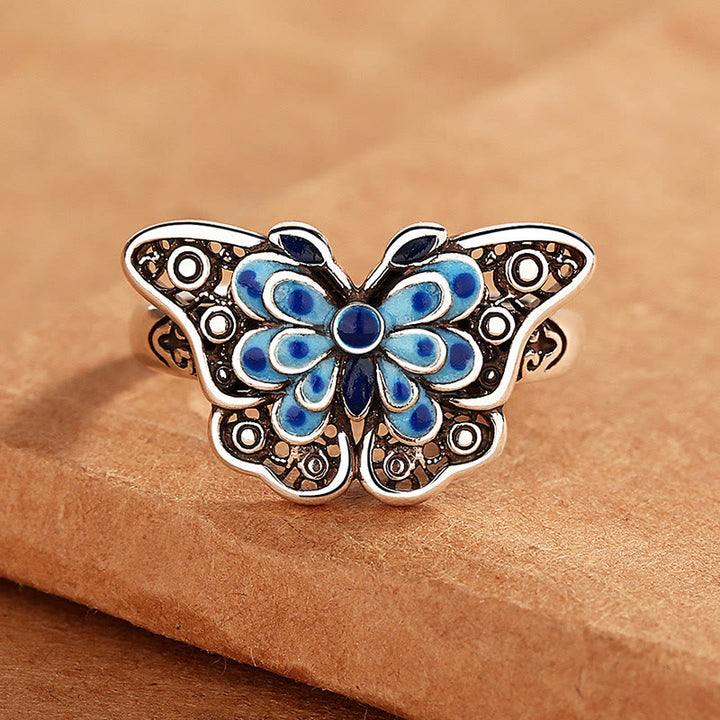 Anello Buddha Stones Hollow Enamel Blue Butterfly Pattern Love