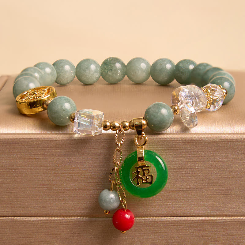 Braccialetto di guarigione con ciondolo a forma di carattere Fu in quarzo fragola e giada Buddha Stones