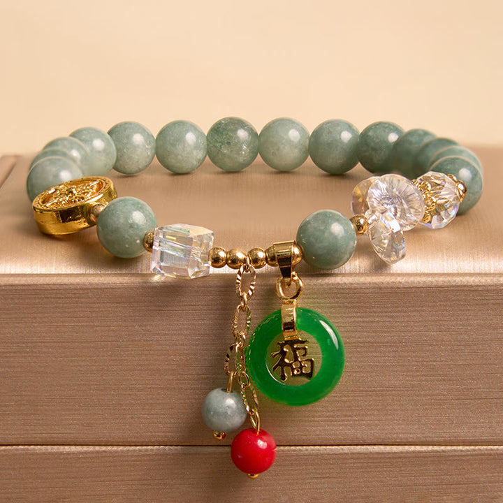 Braccialetto di guarigione con ciondolo a forma di carattere Fu in quarzo fragola e giada Buddha Stones