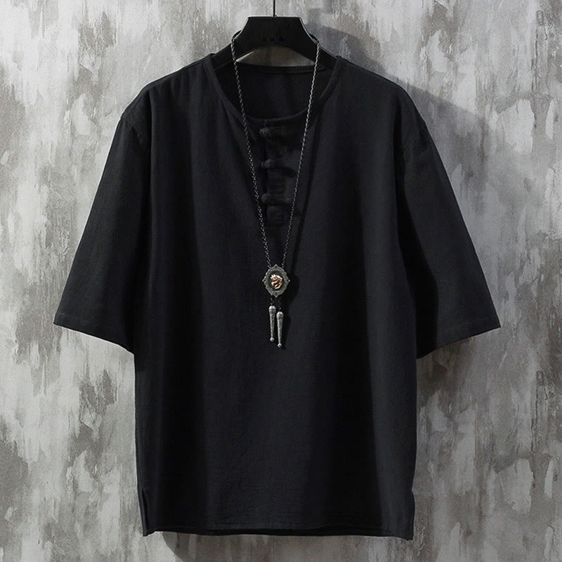Abito cinese Tang a maniche corte con bottoni a rana Buddha Stones, abbigliamento da uomo - Nero - US/UK/AU46, EU56 (5XL)  - image 4