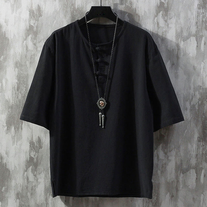 Abito cinese Tang a maniche corte con bottoni a rana Buddha Stones, abbigliamento da uomo - Nero - US/UK/AU46, EU56 (5XL)  - image 4