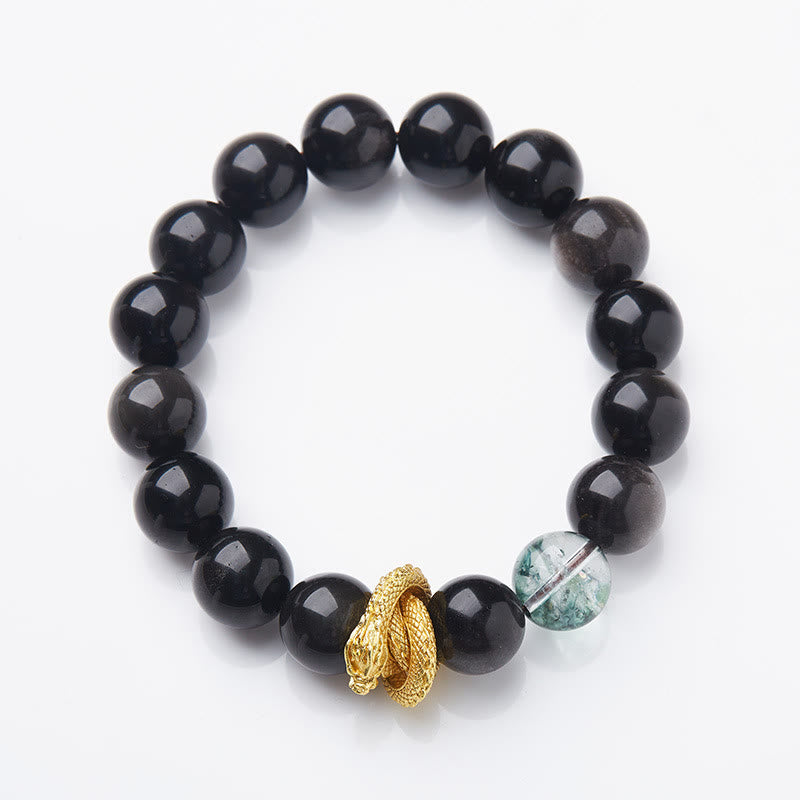 Braccialetto di protezione fantasma verde drago in ossidiana lucida argento naturale Buddha Stones