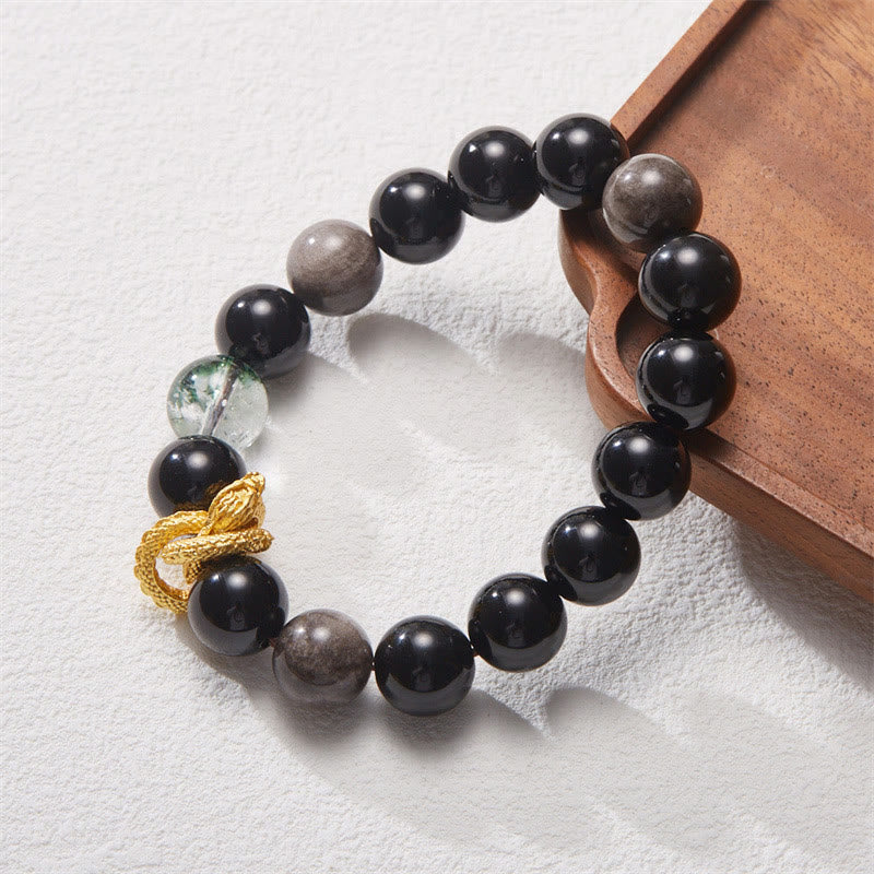 Braccialetto di protezione fantasma verde drago in ossidiana lucida argento naturale Buddha Stones