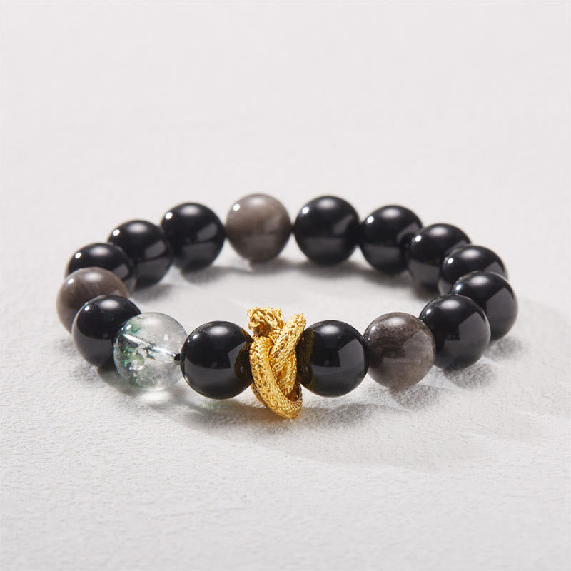 Braccialetto di protezione fantasma verde drago in ossidiana lucida argento naturale Buddha Stones