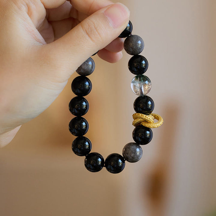 Braccialetto di protezione fantasma verde drago in ossidiana lucida argento naturale Buddha Stones