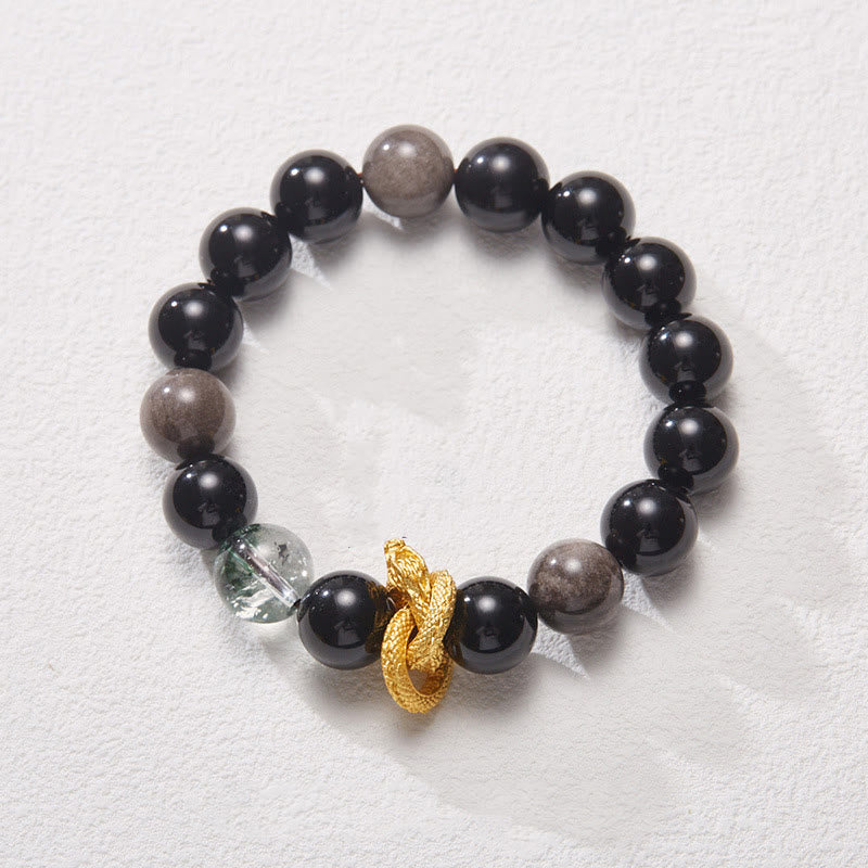 Braccialetto di protezione fantasma verde drago in ossidiana lucida argento naturale Buddha Stones